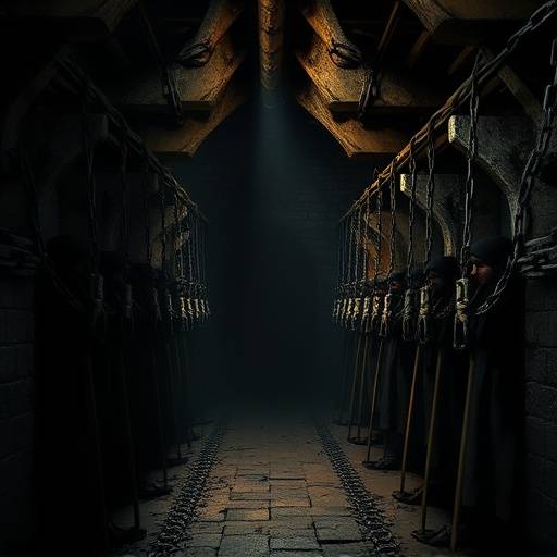Imagen de una mazmorra medieval con prisioneros encadenados.